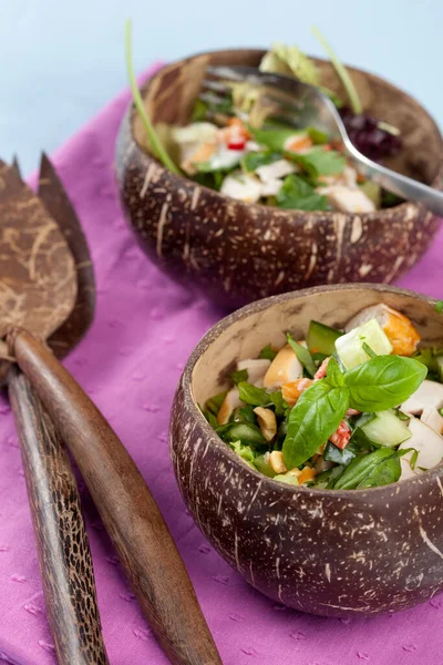 Delicious Fresh Salad Coconut Carrot Cucumber Served Half Coconut Shells — Stock Photo, Image