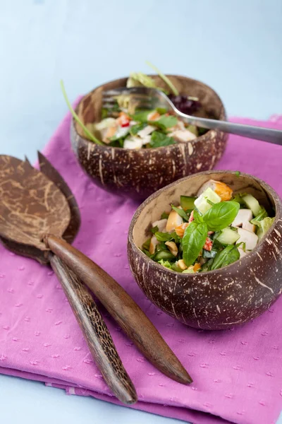 Delicious Fresh Salad Coconut Carrot Cucumber Served Half Coconut Shells — Stock Photo, Image