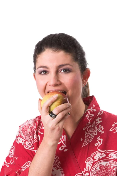 Beautiful Brunette Eating Healthy Apple White Background — Stock Photo, Image