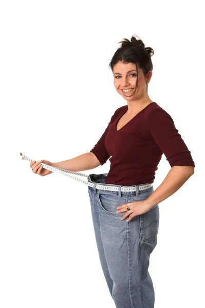 Happy Brunette Woman Showing Weight Loss Wearing Huge Pants — Stock Photo, Image