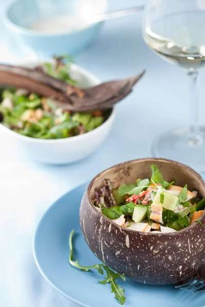 Delicious Fresh Salad Coconut Carrot Cucumber Served Half Coconut Shell — Stock Photo, Image
