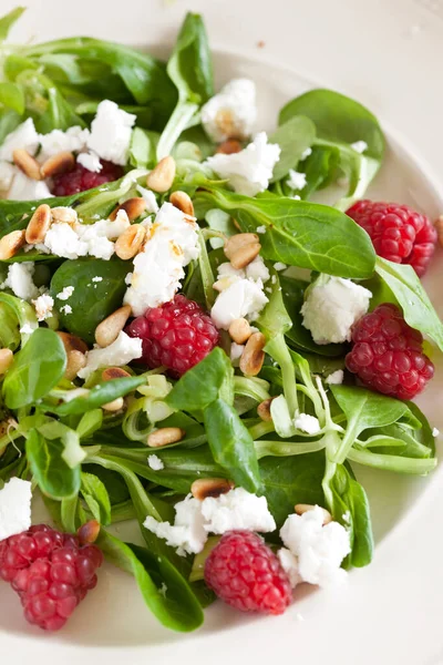 Ensalada Fresca Deliciosa Con Lechuga Verde Frambuesas Feta —  Fotos de Stock