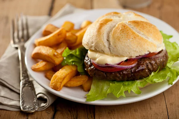 Delicious Fresh Hamburger Fries Plate Cafe — Stock Photo, Image