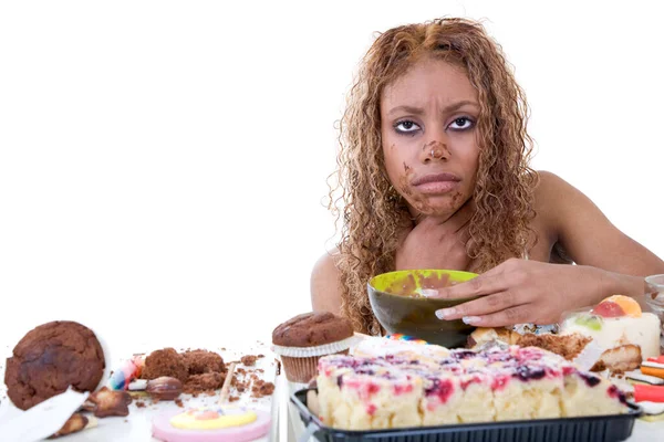 Menina Negra Bonita Sentindo Muito Doente Depois Ter Comido Muitos — Fotografia de Stock