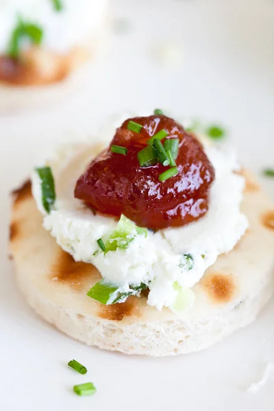 Delicious Appetizer Tortilla Goat Cheese Spicy Marmalade — Stock Photo, Image