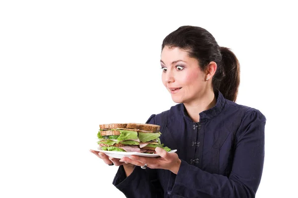 Brunette Femme Regardant Sandwich Dans Les Mains — Photo