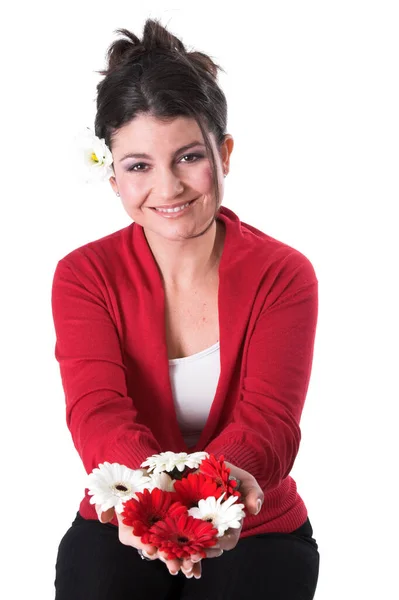 Smiling Pretty Brunette Woman Holding Showing Flowers Posing Camera Studio — Stock Photo, Image