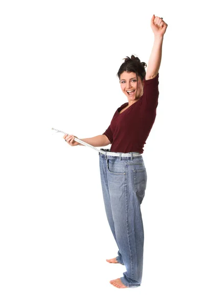 Šťastná Brunetka Žena Ukazuje Hubnutí Sobě Obrovské Kalhoty — Stock fotografie