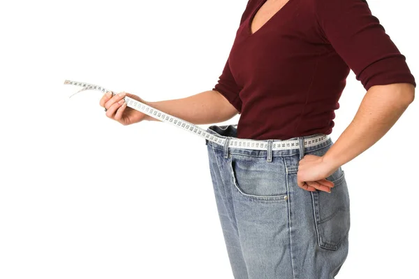 Frau Hält Maßband Die Taille Und Zeigt Wie Viel Gewicht — Stockfoto