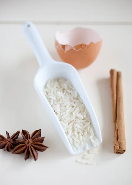 Ingredients Used Making Traditional Rice Pudding — Stock Photo, Image