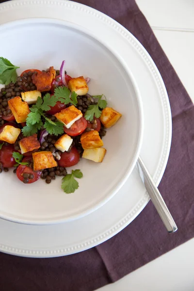 Deliciosa Salada Lentilha Com Haloumi Lentilhas Tomates — Fotografia de Stock