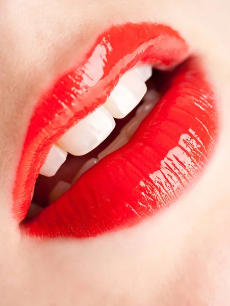 Female Mouth Bright Shiny Red Lipstick — Stock Photo, Image