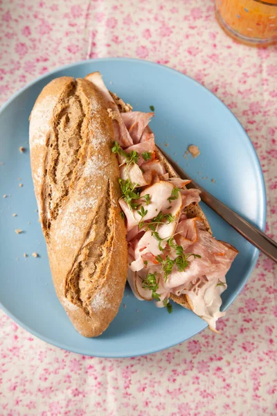 Delizioso Panino Ripieno Fette Sottili Maiale — Foto Stock