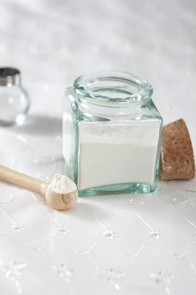 Little Jar Filled Flour Wooden Spoon — Stock Photo, Image