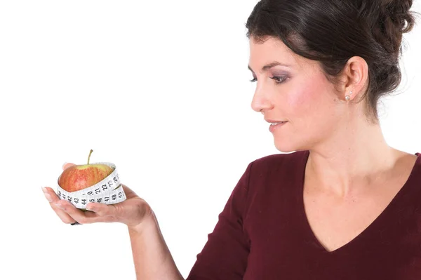 Pretty Brunette Adult Woman Holding Apple Measuring Tape Studio — Stock Photo, Image