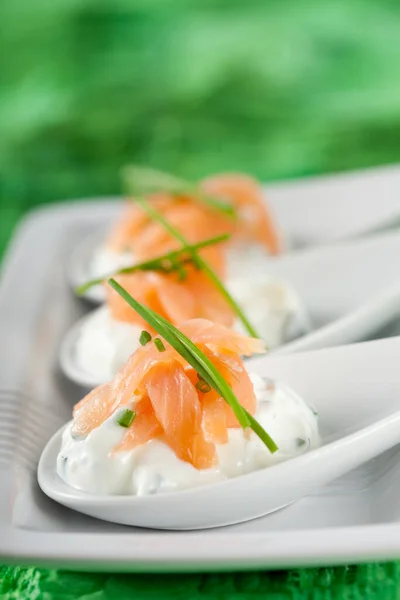 Delicious Small Amuse Three Spoons Cream Cheese Smoked Salmon — Stock Photo, Image
