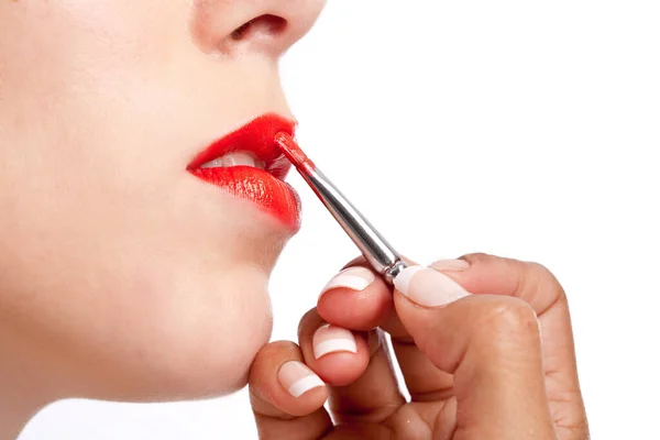 Beautiful Woman Getting Her Lips Made Makeup Person — Stock Photo, Image