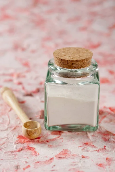 Small Jar Flour Little Wooden Spoon — Stock Photo, Image