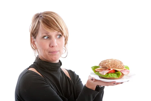 Mid Adult Blonde Woman Studio Looking Big Burger — Stock Photo, Image