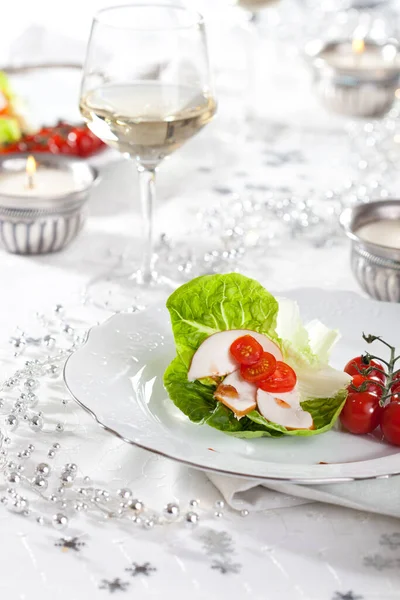 Mooie Kerst Tafel Setting Met Klein Voorgerecht Bord — Stockfoto