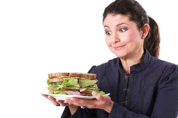 Smiling Brunette Woman Looking Sandwich Hands — Stock Photo, Image