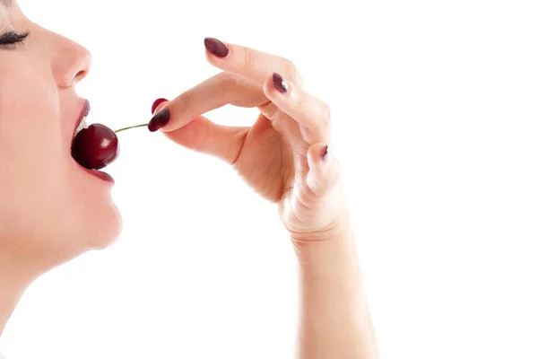 Woman Eating Cherry White Background — Stock Photo, Image