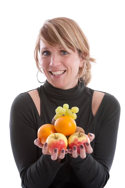 Blonde Woman Studio Different Fruits Hands Looking Camera Happy Face — Stock Photo, Image