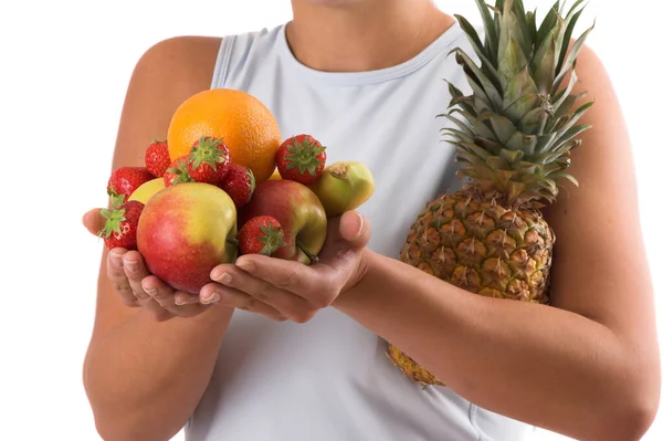 Frau Mit Händen Voll Gesundem Obst lizenzfreie Stockfotos