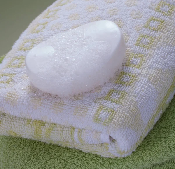 White Soap Bar Bath Towels — Stock Photo, Image