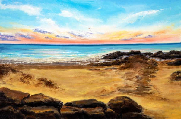 Pittura Olio Originale Bellissimo Tramonto Dorato Sulla Spiaggia Dell Oceano — Foto Stock