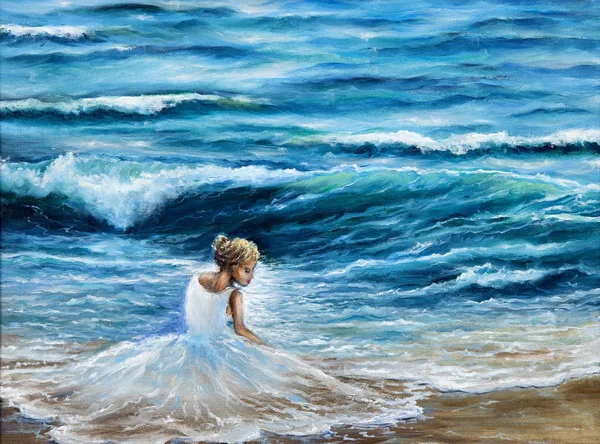 Pintura Óleo Original Mostrando Ondas Oceano Mar Sobre Tela Mulher — Fotografia de Stock