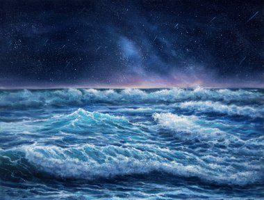 Orijinal yağlı boya tuval üzerine okyanus veya deniz ve gece gökyüzünde dalgaları gösteriliyor. Yıldız ile gece sahne. Modern İzlenimcilik, modernizm, marinis