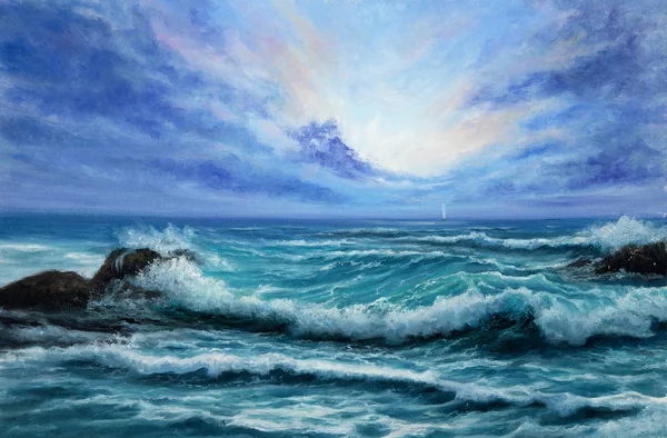Original oil painting showing waves in  ocean or sea on canvas. Modern Impressionism, modernism,marinis