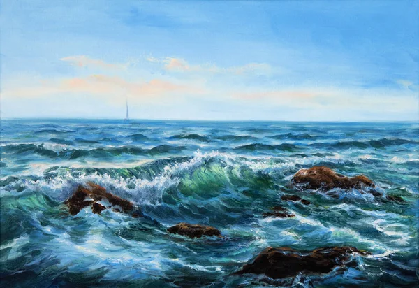 Originální Olejomalba Zobrazující Vlny Oceánu Nebo Moři Plátně Moderní Impresionismus — Stock fotografie