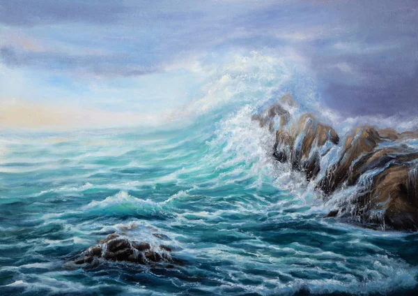 Pintura Óleo Original Que Muestra Olas Océano Mar Sobre Lienzo —  Fotos de Stock