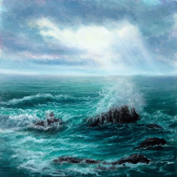 Pintura Óleo Original Que Muestra Olas Océano Mar Sobre Lienzo —  Fotos de Stock