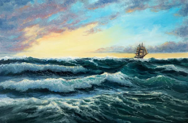 Originální Olejomalba Zobrazující Loď Bouřlivém Oceánu Nebo Moře Plátně Moderní — Stock fotografie