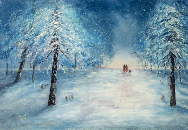 Original Oljemålning Visar Par Kärlek Promenader Parken Duk Natt Vinter — Stockfoto