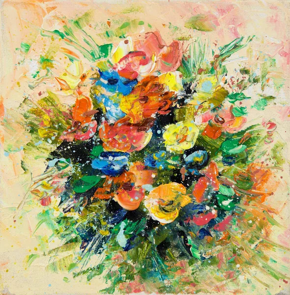 Peinture Huile Originale Montrant Bouquet Fleurs Fraîches Sur Toile Impressionnisme — Photo