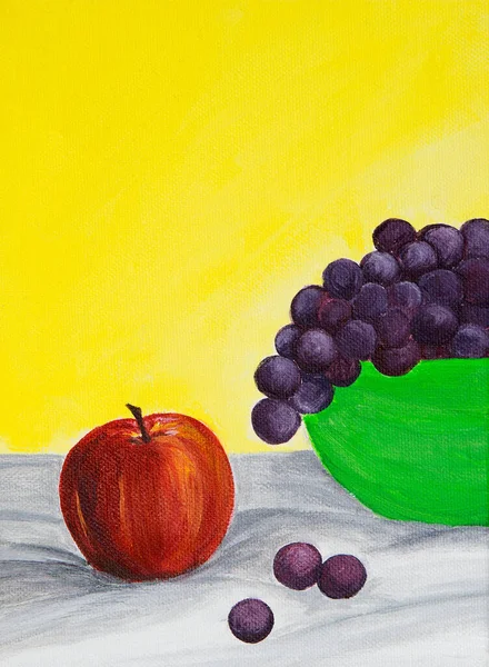 キャンバスにリンゴとブドウのオリジナルアクリル静物画 — ストック写真