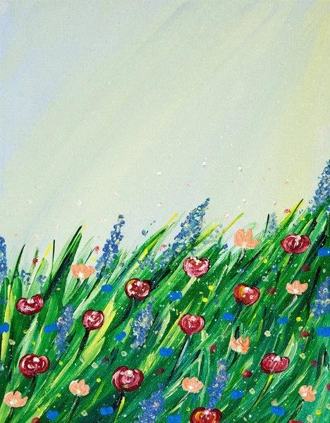 Original Abstract Acrylic Painting Fresh Flowers Field Canvas Modern Impressionism — Stock Photo, Image