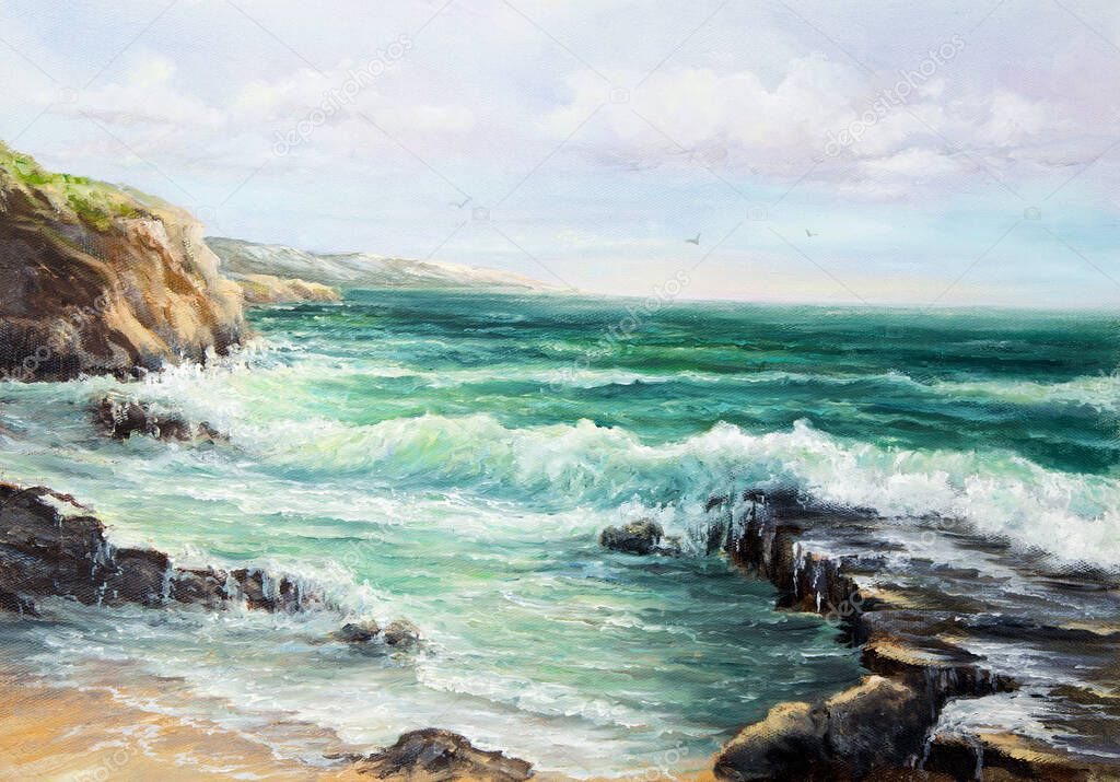 Original oil painting of  Ocean and cliffs on canvas.Modern Impressionism