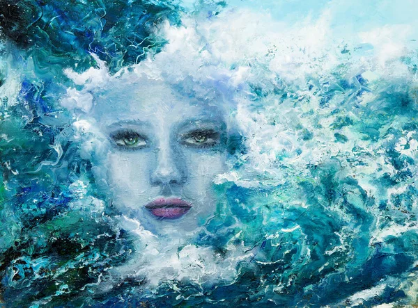 Оригинальная Абстрактная Картина Маслом Изображающая Лицо Женщины Волн Океане Море — стоковое фото