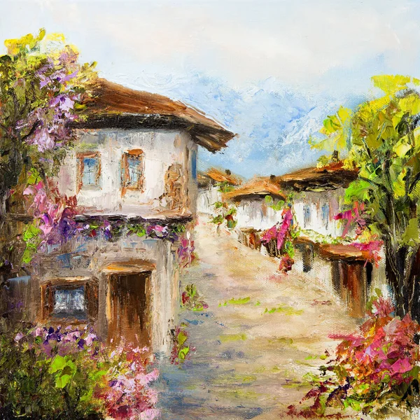 Original oil painting showing traditional Bulgarian houses in the village on canvas. Modern Impressionism, modernism,marinis