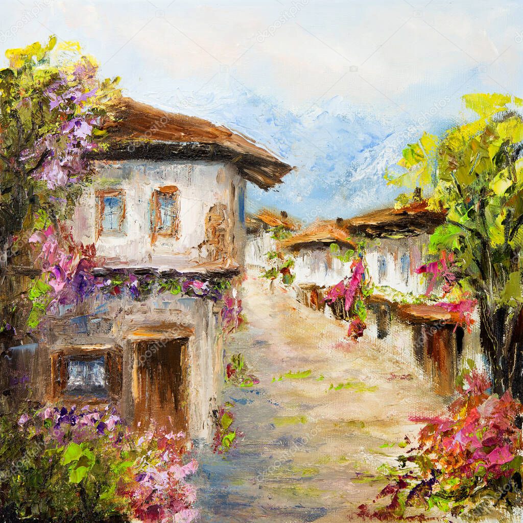 Original oil painting showing traditional Bulgarian houses in the village on canvas. Modern Impressionism, modernism,marinis