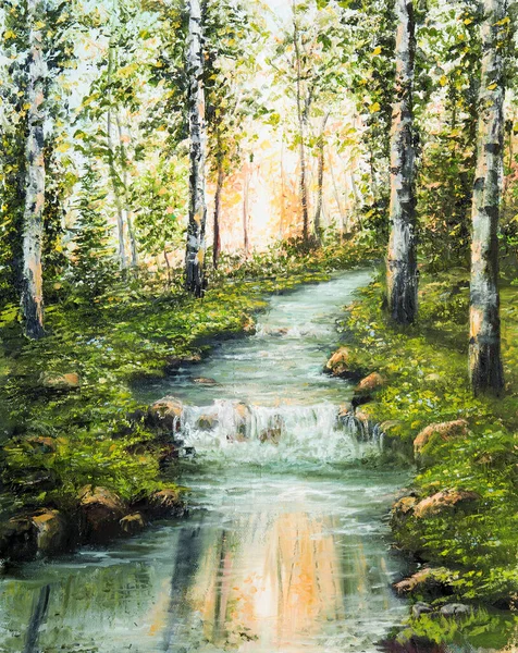 Pintura Óleo Original Hermoso Bosque Abedul Montañas Río Sobre Lienzo —  Fotos de Stock