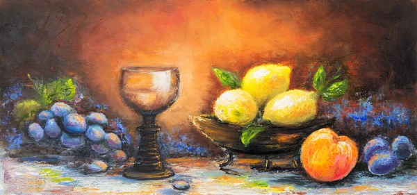 Óleo Original Ainda Pintura Vida Uvas Pêssego Ameixas Limões Sobre — Fotografia de Stock