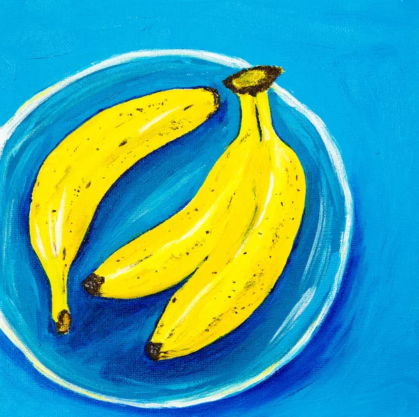 Pintura Acrílica Original Bananas Placa Azul Sobre Tela Impressionismo Moderno — Fotografia de Stock