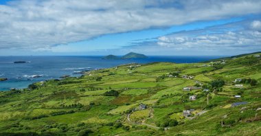 Batı İrlanda Sahil panoramik manzaralı. Ön planda yapabilirsiniz bazı koyun, yeşil çimen, uçurumlar, çiçekleri, orada arka planda IST bazı bir sahil ile deniz dalgaları ve sprey. Ayrıca bazı kabin ve küçük bir köy vardır.