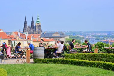 PRAGUE, CZECH REPUBLIC  May 1, 2017: people at street cafe 